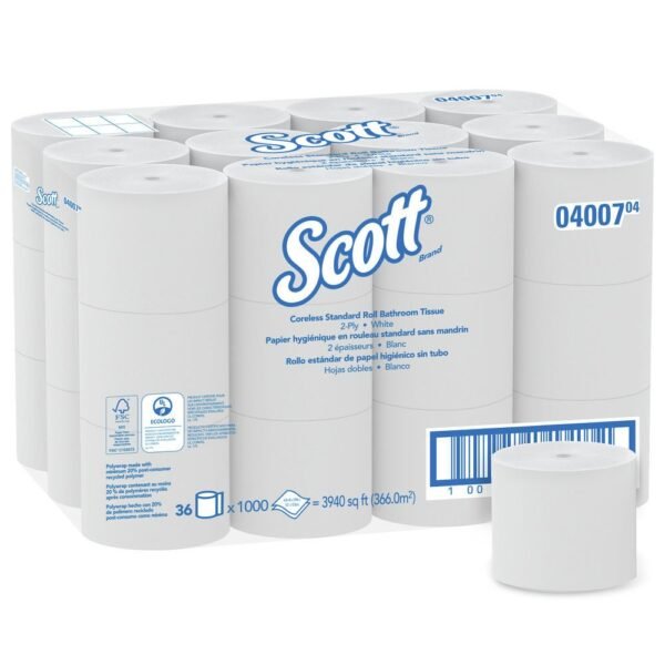 Kimberly Clark 04007 Scott Essential Coreless Standard Roll Bathroom Tissue, 2 Ply, 1000 sheets x 36 rolls/case