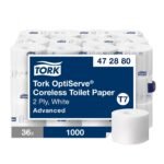 Tork 472880 Advanced coreless High Capacity Bath Tissue, 2 Ply, 1000 Sheets x 36 rolls/case