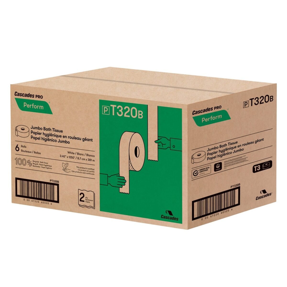 Cascades PRO T320 Perform Jumbo Toilet Paper, White, 2 Ply, 1250' x 6/case - Image 2
