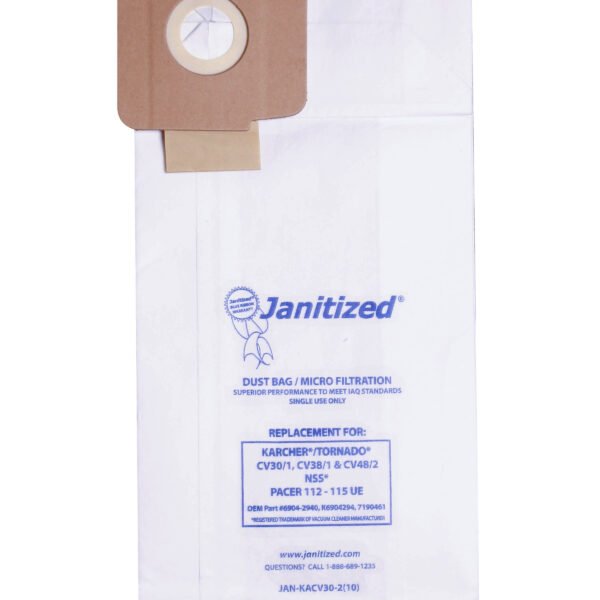 JAN-KACV30-2(10) Janitized Paper Vacuum Bags, White, 10/pkg (for Karcher/Tornado Models: CV30/1 & CV38/1 & CV48/2 CV38/2)